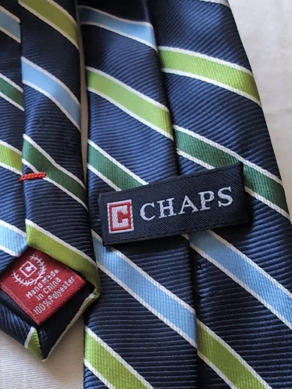 Chaps Kids Navy Tie with Light Blue and Olive Green Stripes